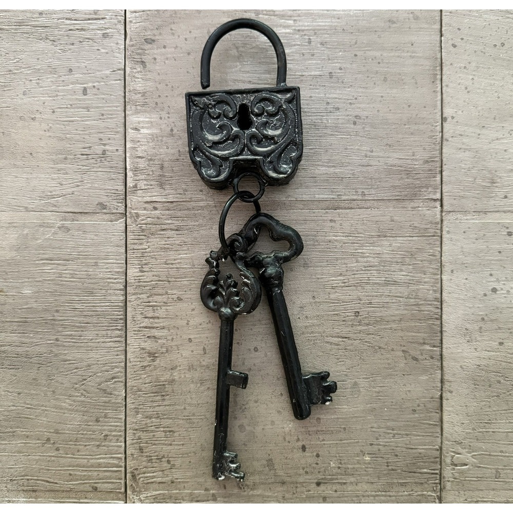 Large Wrought Iron Lock and Keys Wall Decor Black W Antique Patina 10โ